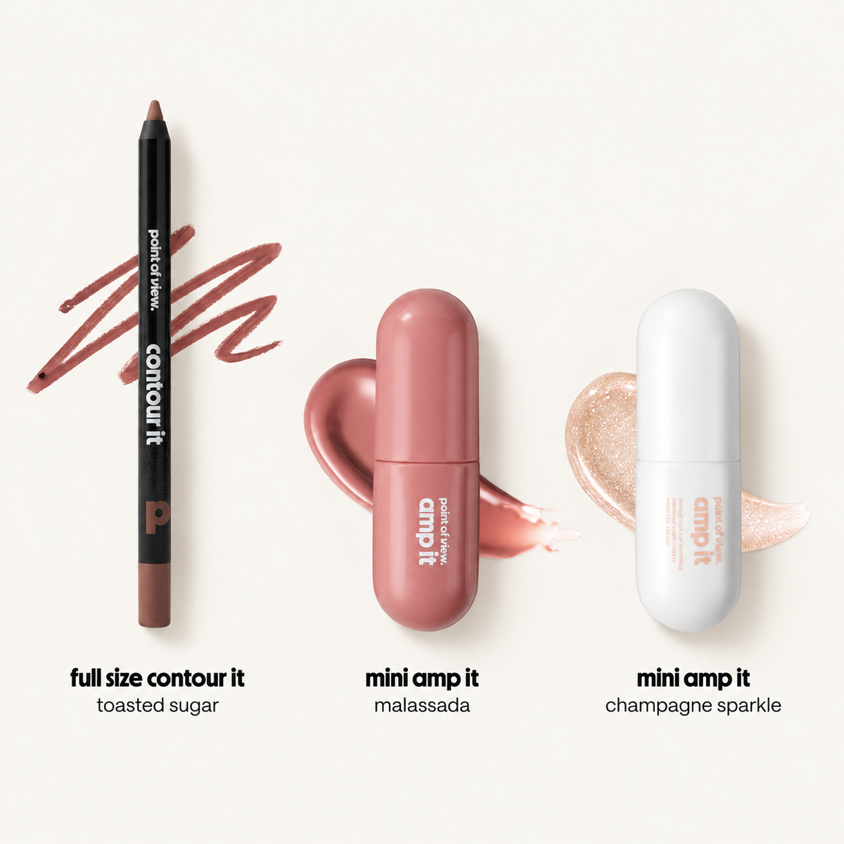 Point of View Amp (k)it Champagne - kredka Contour It Toasted Sugar i mini ampułki Malassada oraz Champagne Sparkle obok siebie z próbkami koloru | Ellemania