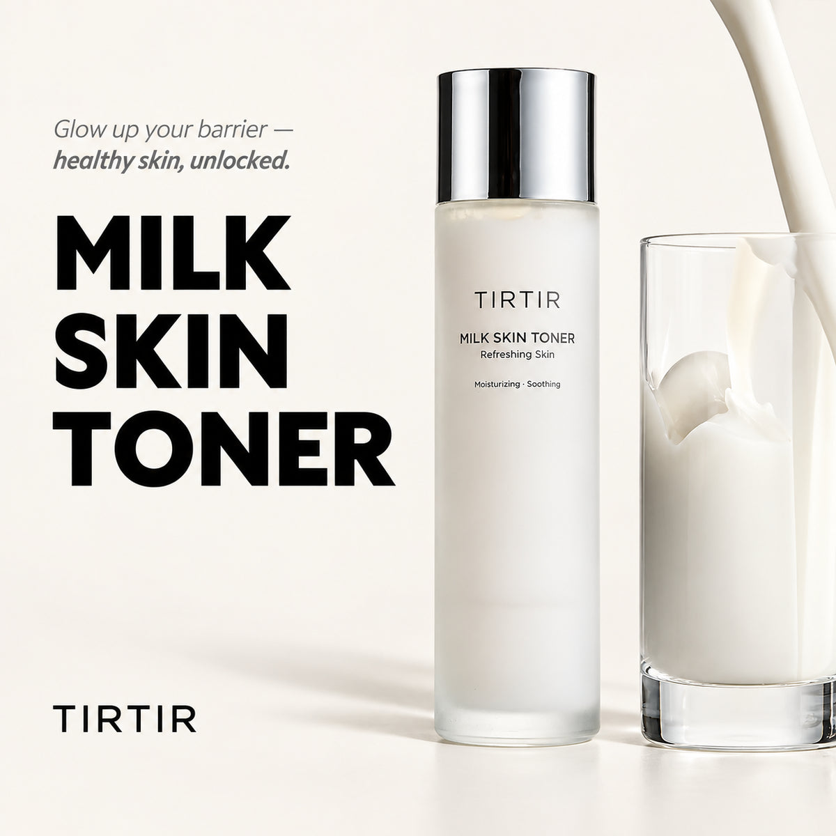 TIRTIR Milk Skin Toner - butelka toniku obok szklanki mleka i napis Milk Skin Toner | Ellemania
