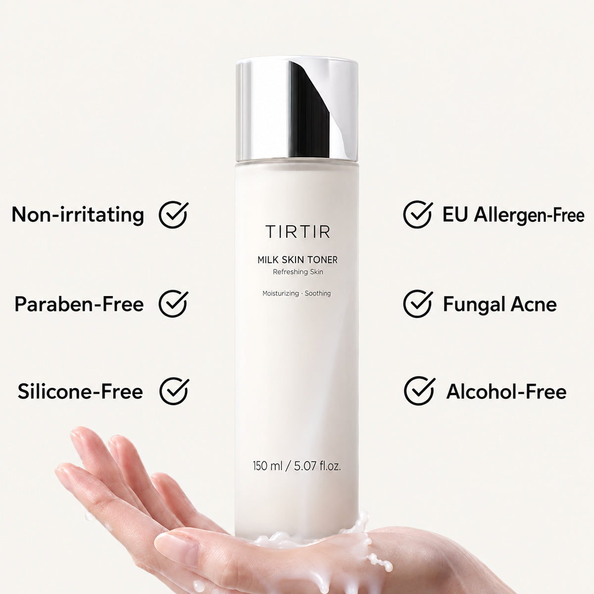 TIRTIR Milk Skin Toner 150 ml - butelka toniku nad dłonią z mlekiem i ikony cech formuły | Ellemania