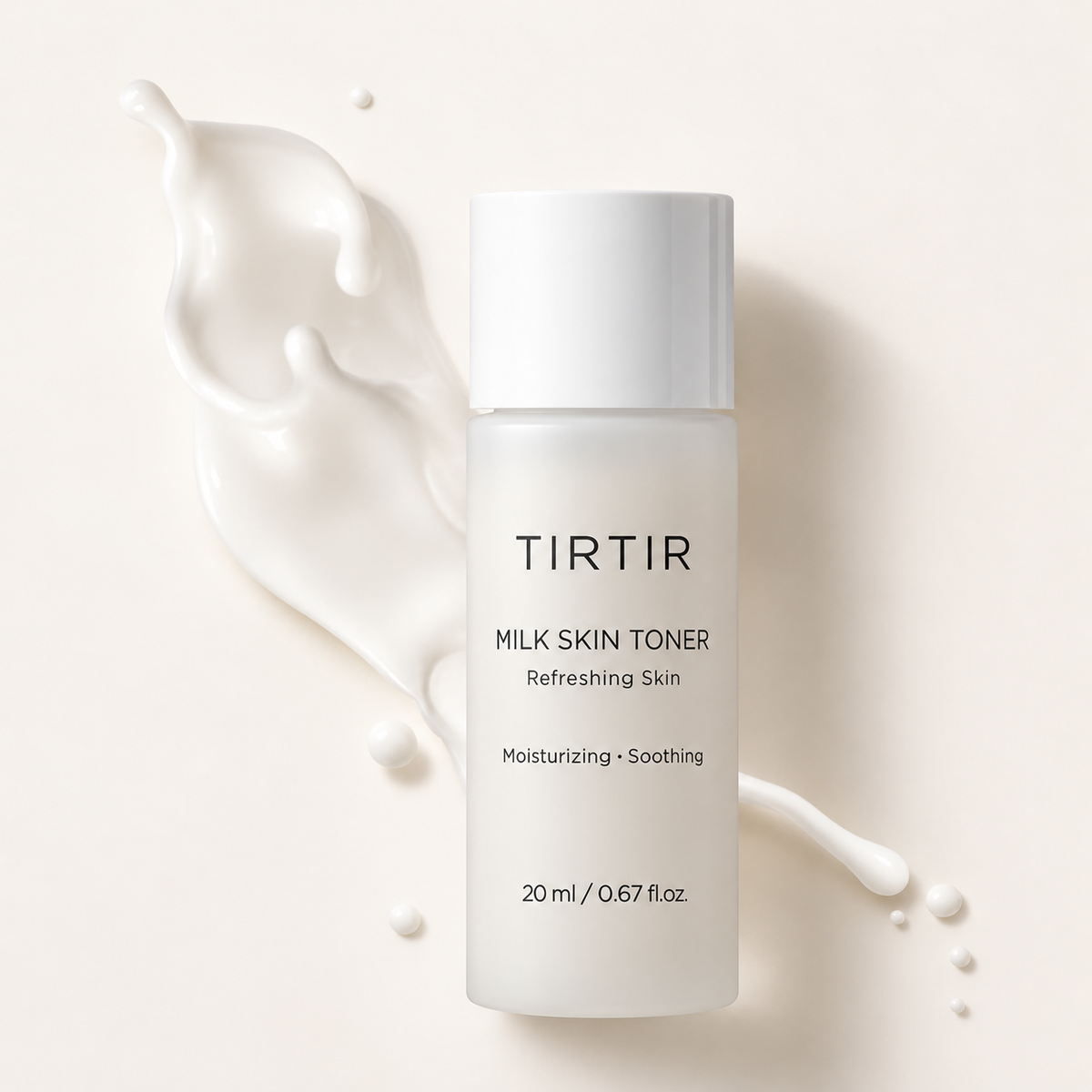 TIRTIR Milk Skin Toner 20 ml - butelka toniku na tle rozlanego mleka | Ellemania
