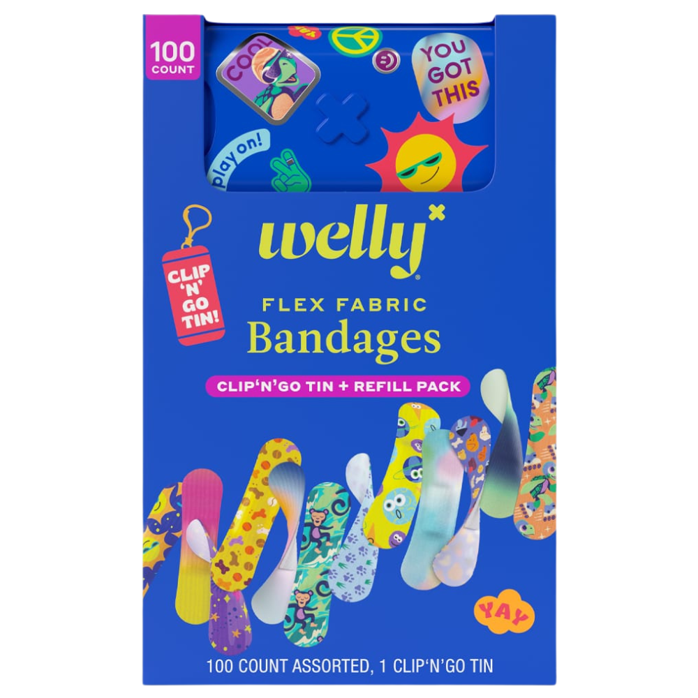 Welly Clip'n'Go Tin & Refill — Kolorowe Plastry Opatrunkowe z Etui i Wkładem, 100 sztuk — KANDYDAT (scrap)