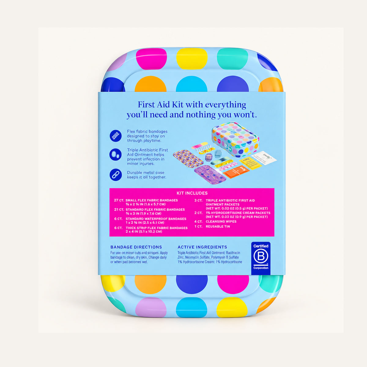 Welly Kids First Aid Kit Polka Dot 70 pieces - back of the tin with a list of the kit contents | Ellemania
